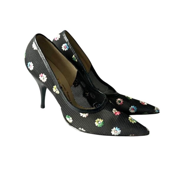 Vintage LENARDI Mesh Floral Heels, Black I multi, 50-60s - Picture 2 of 14
